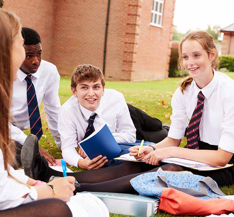Four students sitting on the grass working on their competition entry.